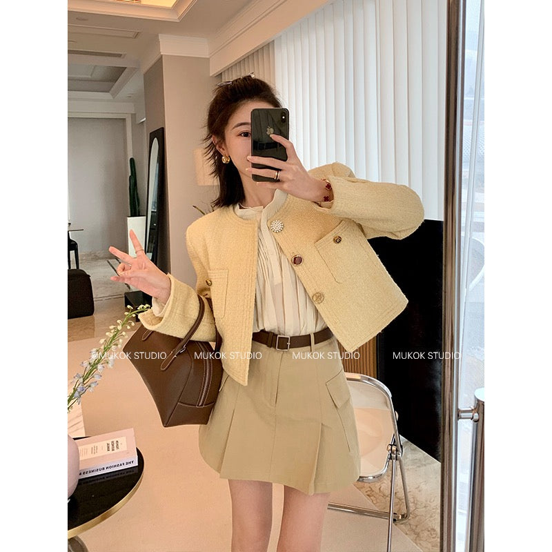 MUKOK wool small fragrance short jacket female 2023 spring new solid color temperament fashion all-match small top