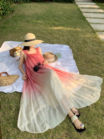 Yunnan Lijiang Travel Photo Beach Dress Sanya Vacation Suspender Dress Pink Gradient Chiffon Dress Super Fairy