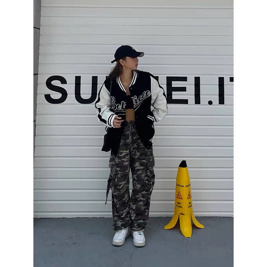 Wild zero tooling camouflage pants women's spring and summer American high street waist loose wide-leg hip-hop sports casual pants
