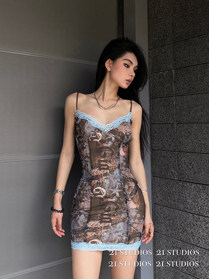Summer y2k hot girl European and American retro printed lace sling dress female short section slim slim bag hip skirt