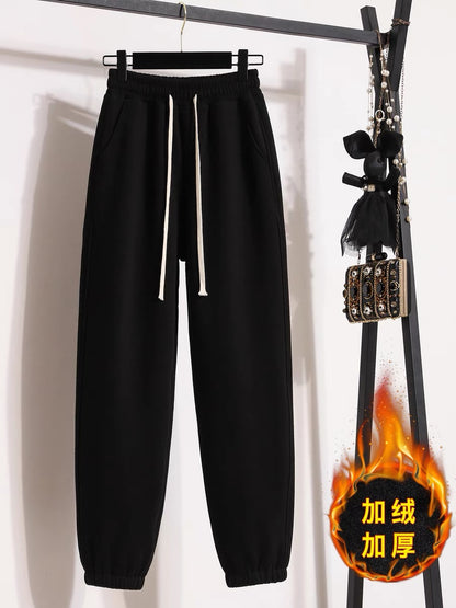 Sports pants women's 2022 autumn and winter new style plus velvet thick warm gray small casual trousers