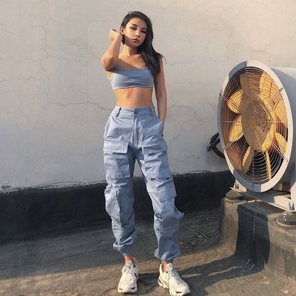 Self-made ins super cool multi-pocket overalls women's loose bf high-waisted casual pants women's slim pants