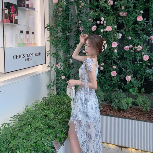 ByYou summer ink wash national style sling V-neck dress female waist slim irregular mid-length floral skirt 1137