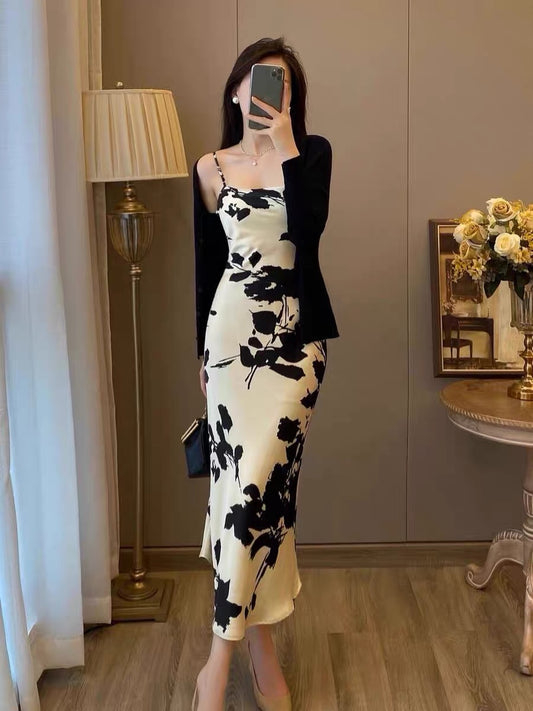 French retro floral skirt suspender dress cardigan two-piece suit niche high-end temperament long skirt female summer