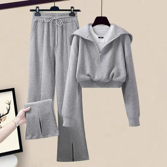 Autumn fat girls wear wide-leg pants casual sweater sweater suit 2022 new women's pants two-piece set