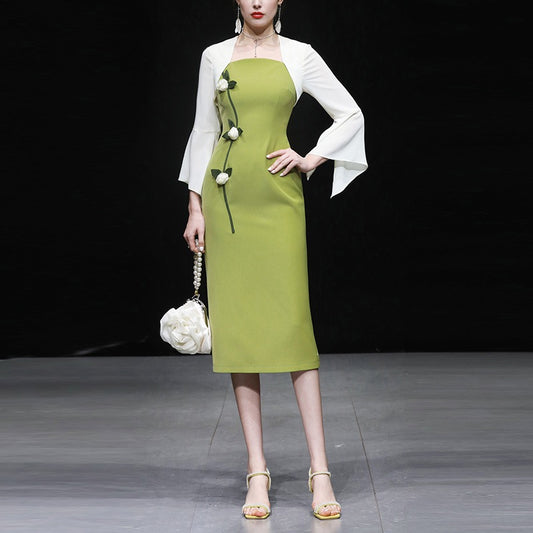 Spring women's clothing 2023 new temperament contrast color trumpet sleeves slim waist slim dress long skirt bag hip skirt