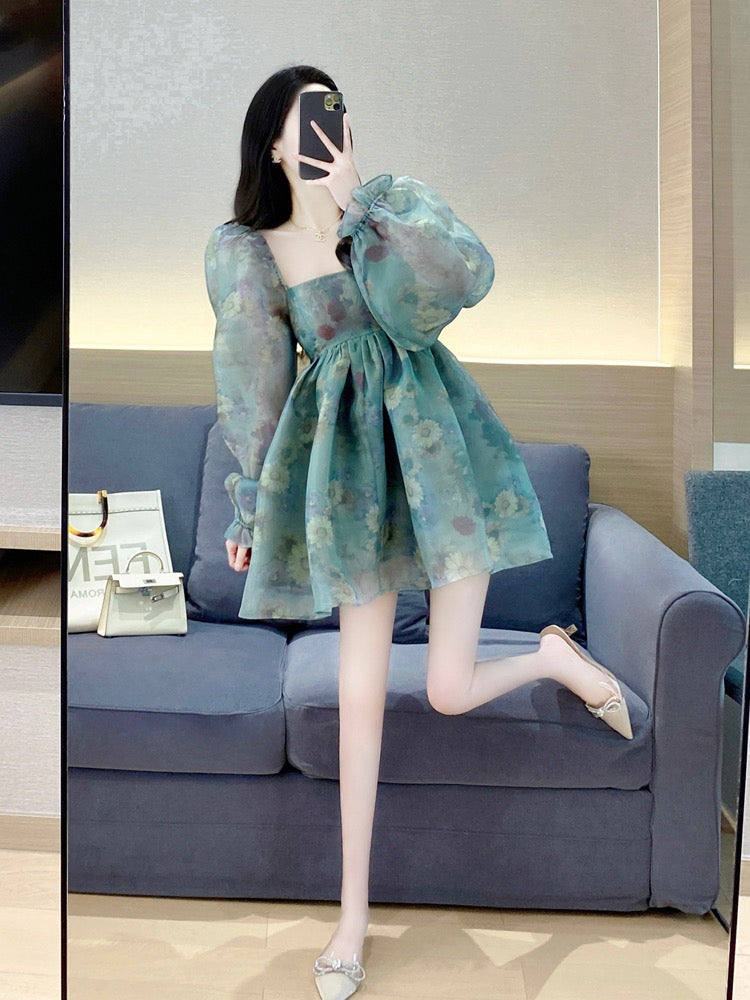 Princess tutu skirt 2023 spring new sweet French square collar organza puff sleeve floral dress female summer