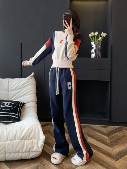 European sports and leisure suit women's autumn and winter fashion western style age reduction high-end fleece sweater wide-leg pants two-piece set