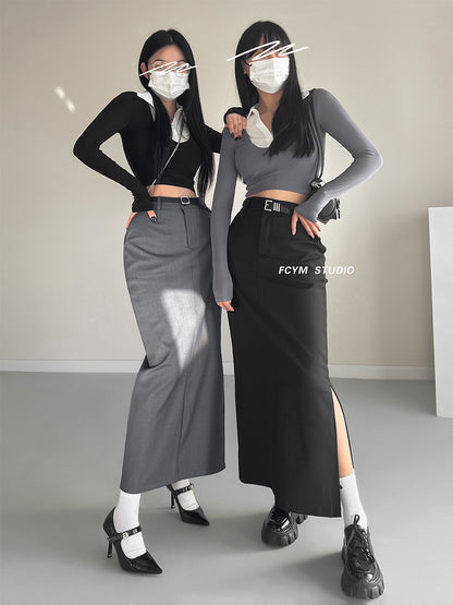 High-end retro high-waist temperament suit skirt female slim slim side slit a-line long skirt straight skirt