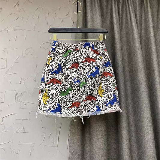 2022 autumn new fashion personality abstract pattern A-line short skirt hot girl bag hip skirt denim skirt female Q112