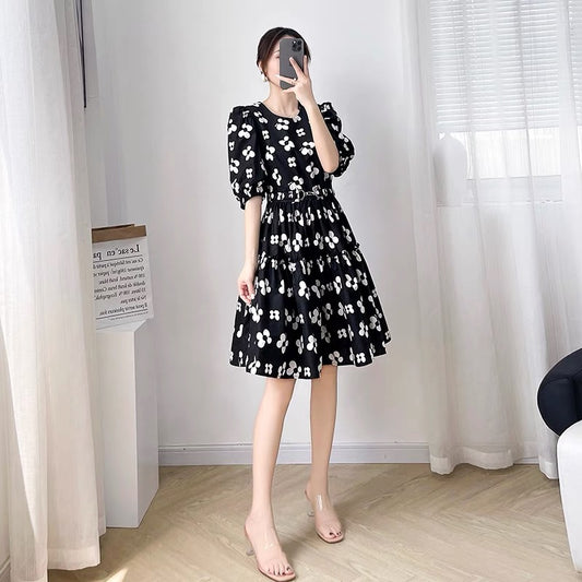 French floral dress female 2022 new women's summer mid-length waist short-sleeved printed high-waist a-line skirt