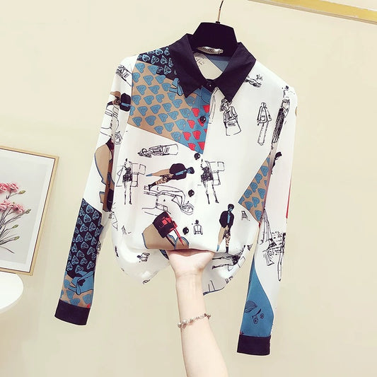 Women's clothing counters withdraw from the counters and end goods special offer spring and autumn Hong Kong flavor retro printing contrast color chiffon long-sleeved shirt