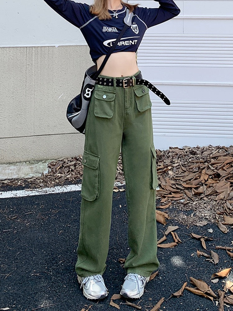 Tooling jeans spring 2023 new fashion high waist pocket design sense straight hot girl trousers ins female tide