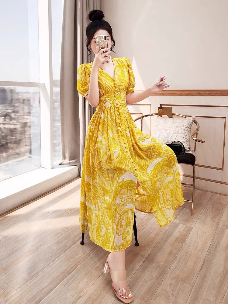 Gentle wind long skirt women's 2022 new summer dress temperament lady wind yellow v-neck floral chiffon dress