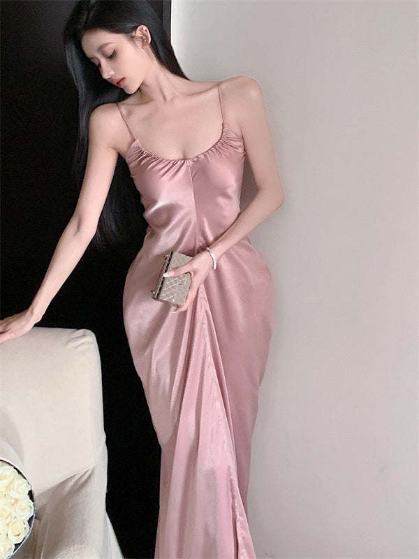 Sweet hot girl suspender dress female spring French pink sexy waist slimming thin a-line mid-length skirt