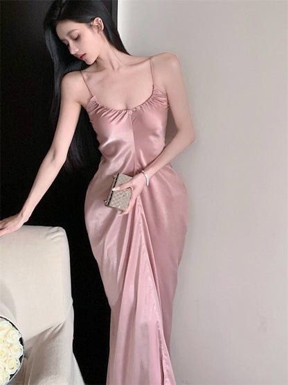Sweet hot girl suspender dress female spring French pink sexy waist slimming thin a-line mid-length skirt