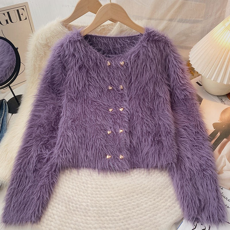 Double-breasted imitation mink coat women's 2022 autumn and winter new Korean version loose all-match warm long-sleeved sweater cardigan
