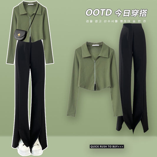 This year's popular green small man short top women's set of tea series ladies deep-fried street wide-leg suit pants suit