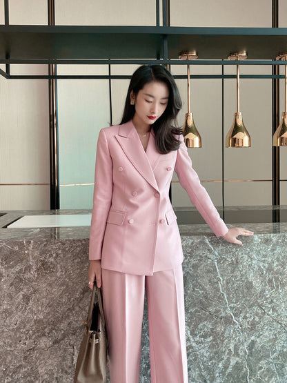 2023 spring temperament pink double-breasted suit suit commuting capable light familiar high wide-leg pants ol workwear