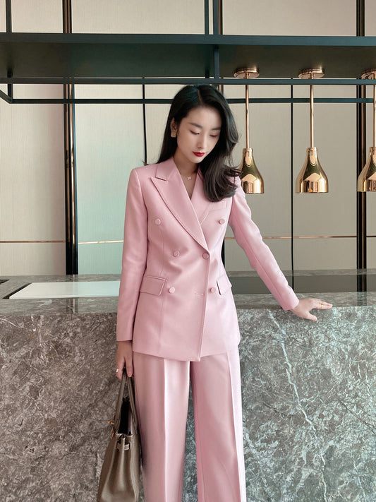 2023 spring temperament pink double-breasted suit suit commuting capable light familiar high wide-leg pants ol workwear