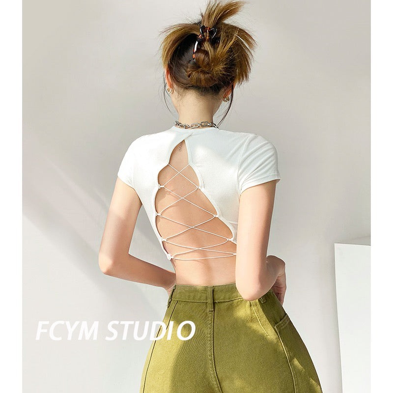 European and American pure desire style halter strap short-sleeved T-shirt female summer hot girl sexy slim tight short navel top