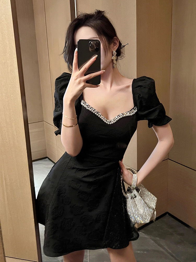 Black Puff Sleeve Splicing Receive Waist Small A-line Dress Summer Sexy Temperament Goddess Fan Elegant Little Black Dress 2008