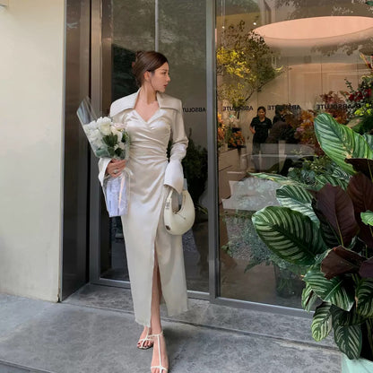 Middletone | High Art Sense French Large Lapel Acetate Satin Waist Dress Women's Long Sleeve Autumn