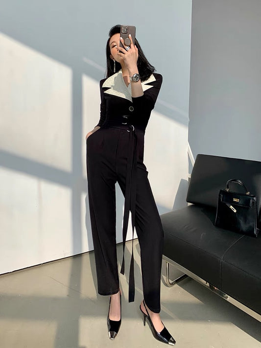 WANGXO modern hipster large lapel jacquard contrast color drape lapel jumpsuit early spring jumpsuit