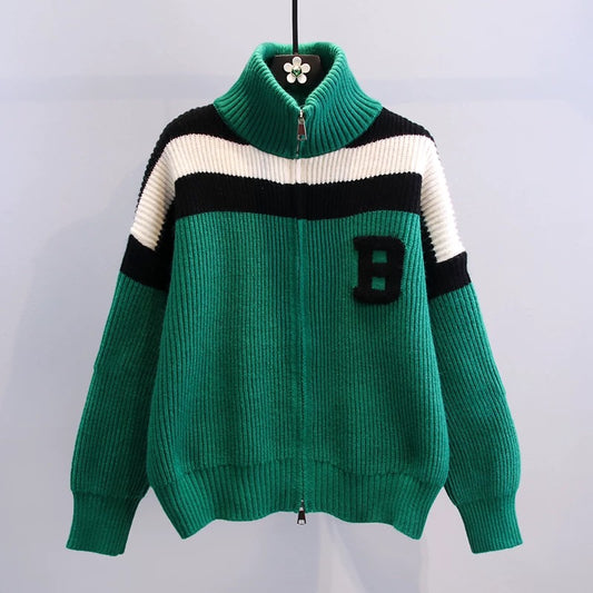 Contrast color striped zipper sweater jacket women's winter 2022 new Japanese style lazy style loose outer wear knitted cardigan