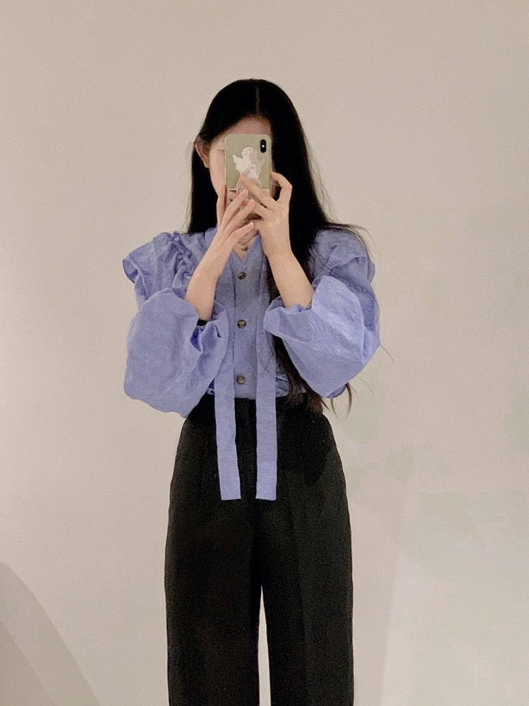 French top design sense niche women's long-sleeved purple white tie with lotus leaf edge shirt spring unique chic small shirt