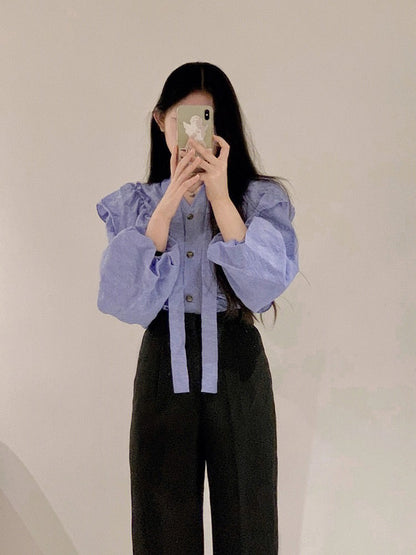 French top design sense niche women's long-sleeved purple white tie with lotus leaf edge shirt spring unique chic small shirt