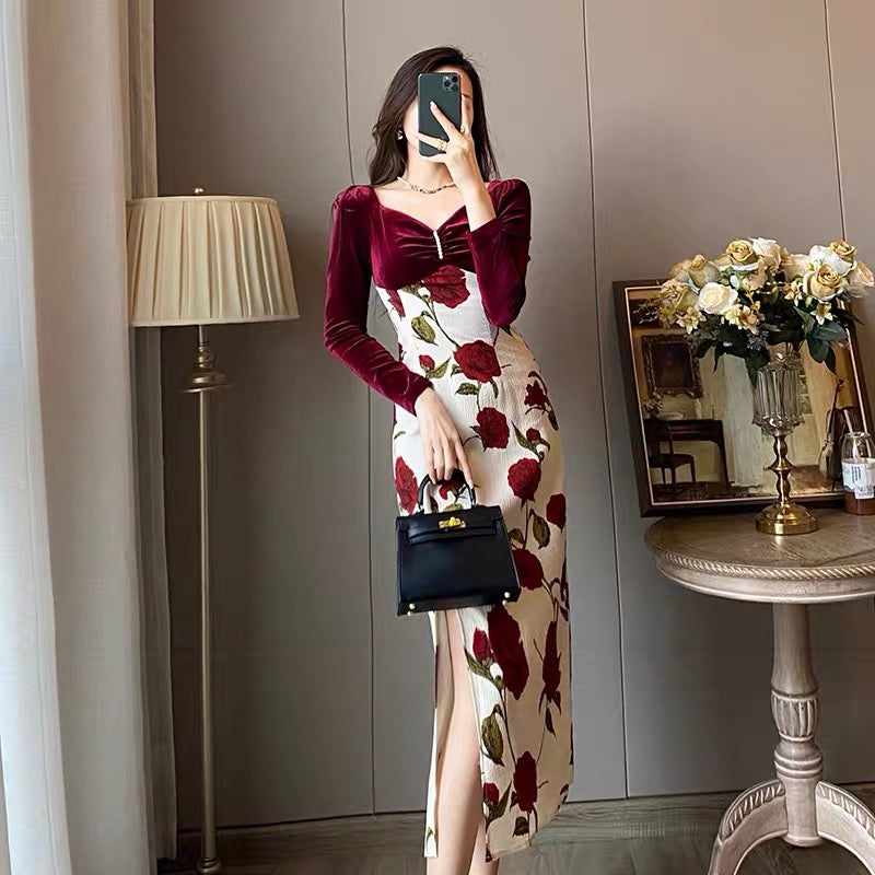 French retro rose print high-end small court style temperament thin high waist slit dress autumn women