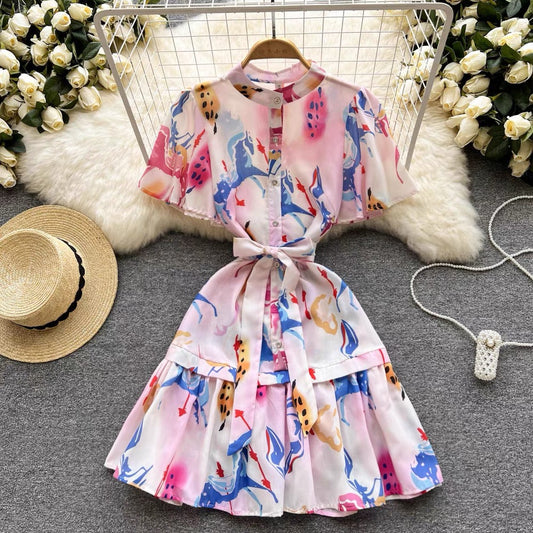 European and American style ins new dress 2022 summer bubble short-sleeved stand-up collar single-breasted pleated lace-up A-line skirt