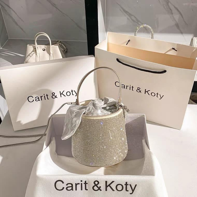 Niche design rhinestone bag 2021 new trendy fashion diamond bow bucket bag chain bag one shoulder messenger