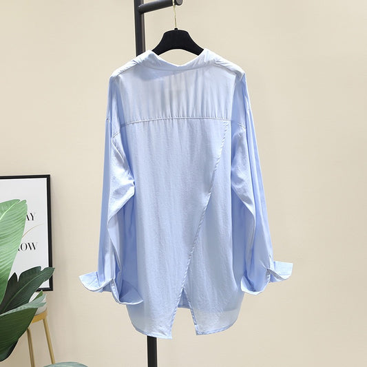 Blue Drape Tencel Cotton Shirt Women's 2023 New Loose Casual Design Thin Shirt Chic Tops