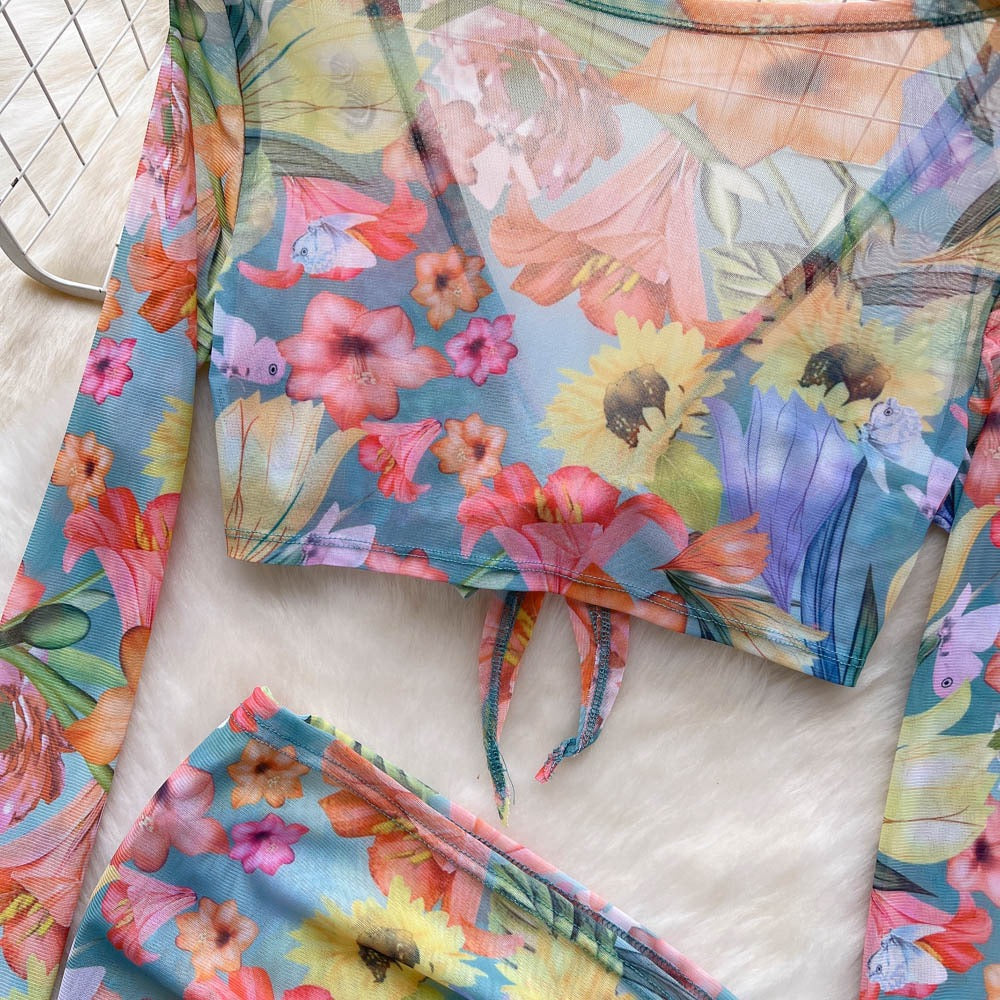Pure desire wind three-piece suit female summer hot girl print V-neck long-sleeved top drawstring bag hip short skirt briefs