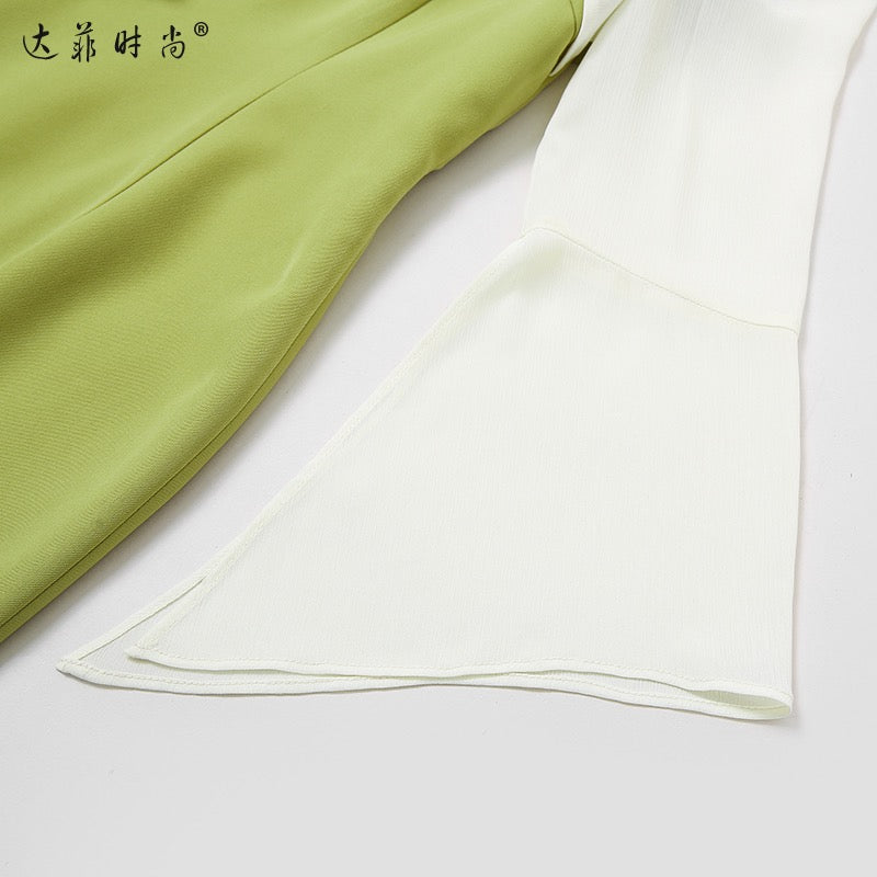 Spring women's clothing 2023 new temperament contrast color trumpet sleeves slim waist slim dress long skirt bag hip skirt