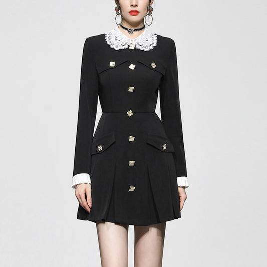 2023 spring new fashion temperament age-reducing short black skirt contrast color lace collar waist A swing dress