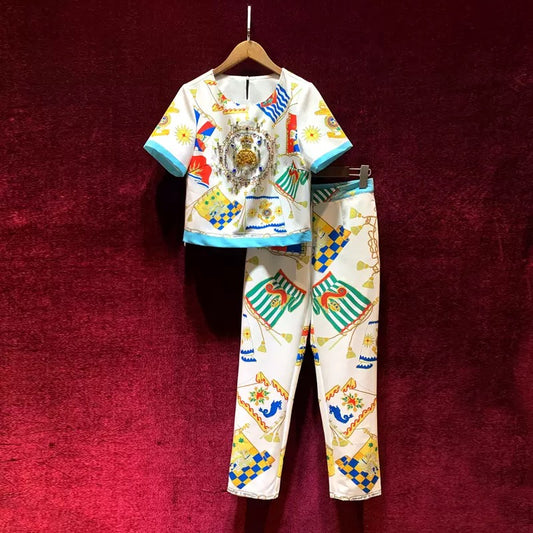 Europe and the United States 2022 summer new retro printing slimming short-sleeved fried street fashion suit fashionable and western style two-piece suit