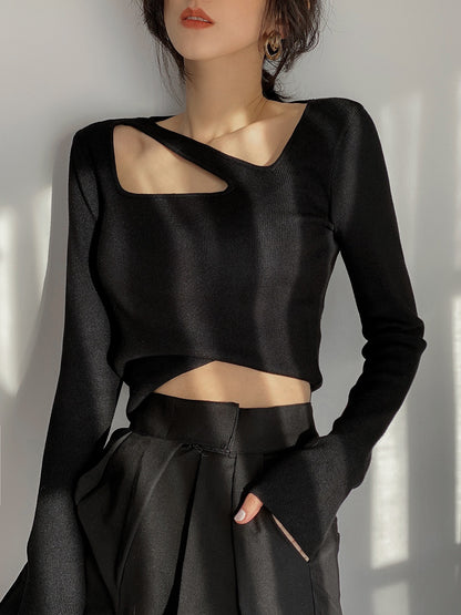 DOUBLE Z clavicle French square collar hollowed out knitted sweater women's autumn black hollowed out bottoming sweater