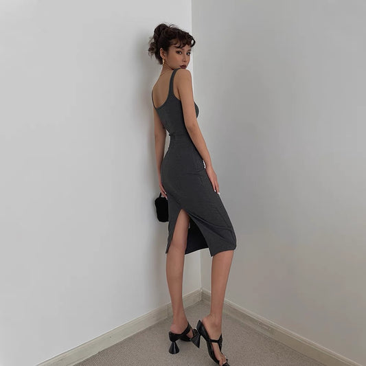 Homemade suspender slit skirt low-cut lining collarbone waist slimming S-shaped giant sexy hot girl Kardashian dress