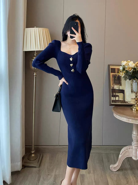 French retro black knitted dress temperament high waist thin square neck sweater skirt bottoming long skirt autumn and winter women
