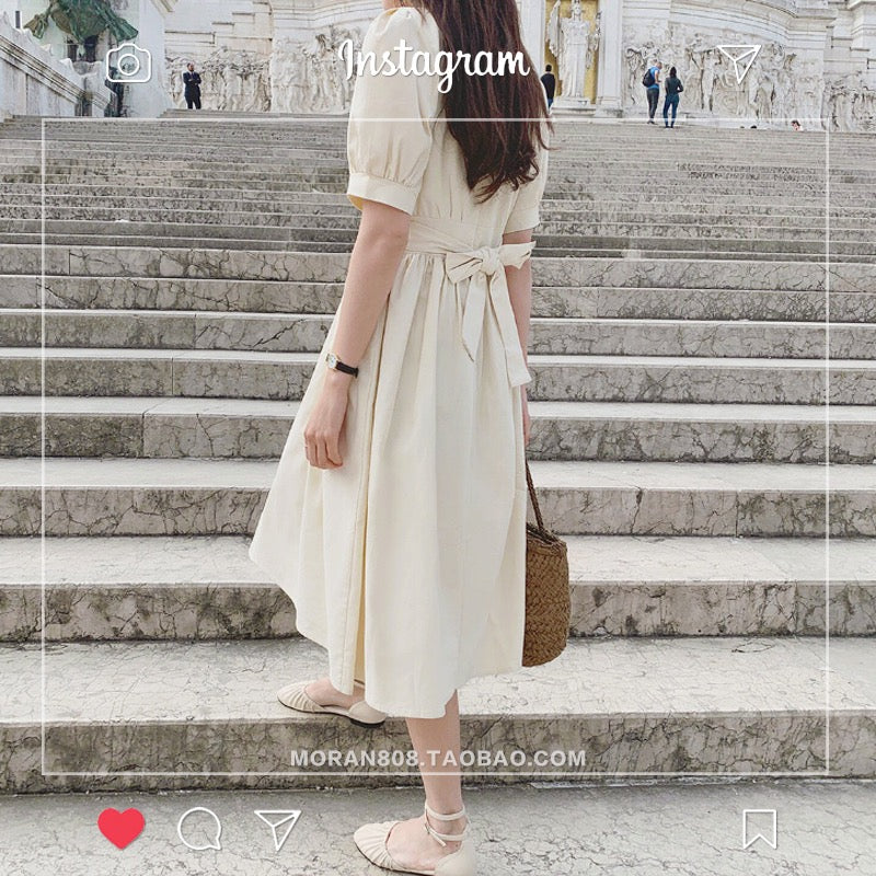 French-style long skirt waist slim temperament retro cotton and linen dress 2023 summer new platycodon skirt over the knee mid-length