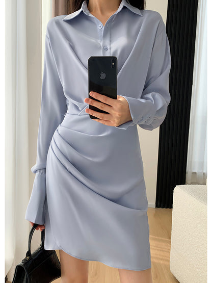 FT GUOGE Shirt Dress Women's 2023 Spring New Waist Slimming Aura Strong Commuting Satin Skirt