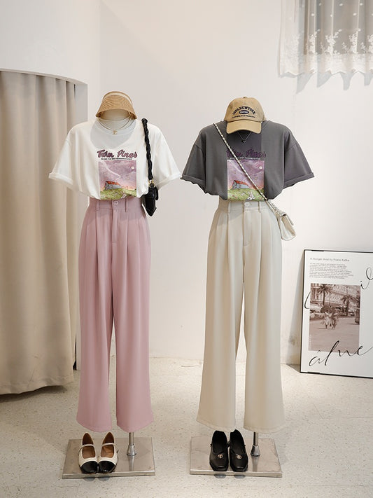 2023 white narrow pants women's spring and autumn mopping advanced drape wide-leg pants loose straight suit pants summer tide