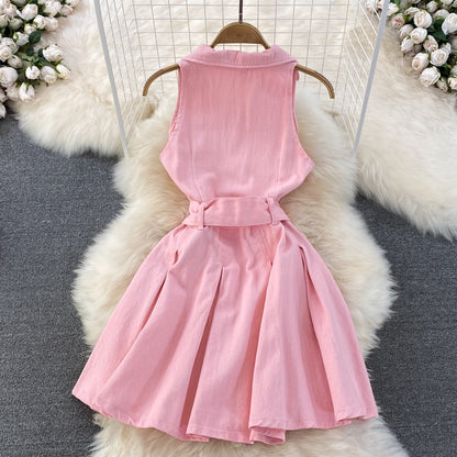 Summer hot girl sexy denim skirt design sense hanging neck waist short section small a-line fluffy pleated dressy