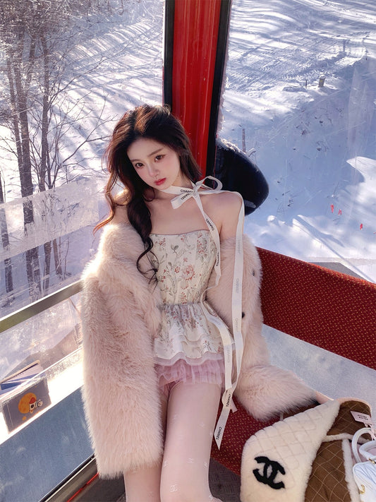 Your lazy llan jennie singing suit Temperament printed fishbone tube top/mesh cake skirt
