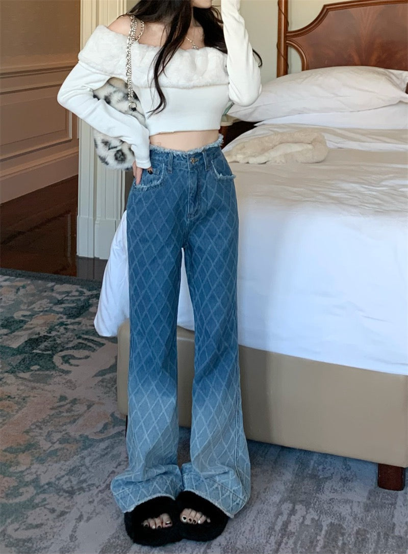 kumikumi Hong Kong-style jeans women's winter raw-edged straight-leg pants rhombus gradient color wide-leg pants mopping long pants