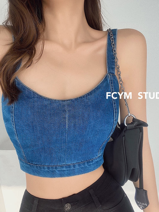 European and American street strap denim camisole women's outerwear 2022 summer sexy hot girl open back short top