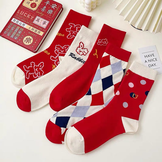 2023 natal year red socks rabbit year cotton new year festive big red men's tube socks gift box stockings